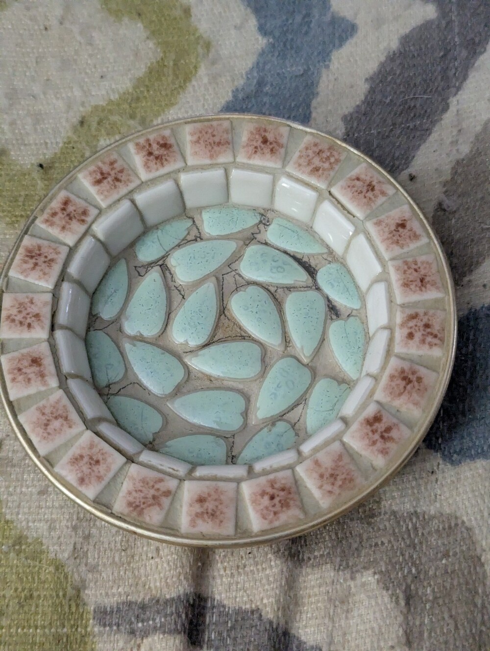 Decorative Mosaic Trinket Dish or Ashtray in Mint and Pink Made in Japan